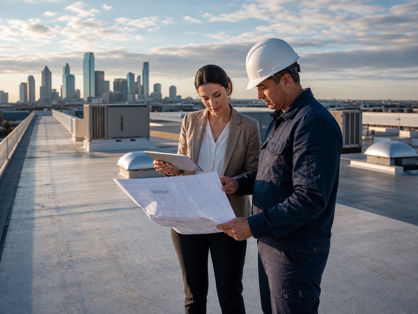 Commercial roof plans and condition photos laid out on a property manager's desk