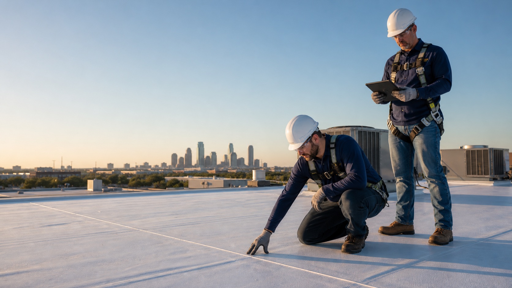 Commercial roofing professionals examining a seam on a low-slope commercial roof
