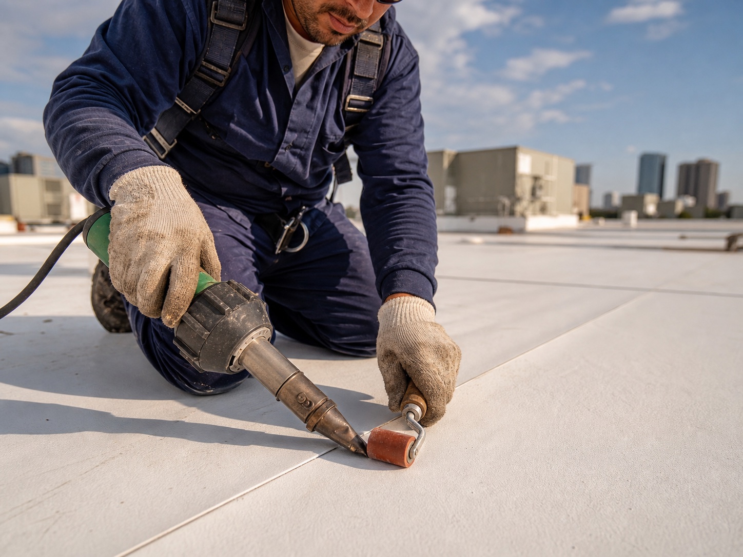 Commercial roofer repairing a white TPO roof membrane seam