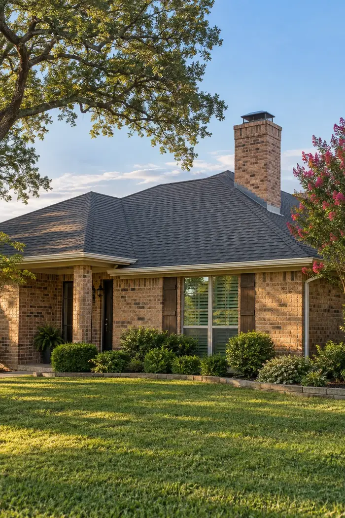 A brick North Texas home with an asphalt shingle roof and a brick chimney