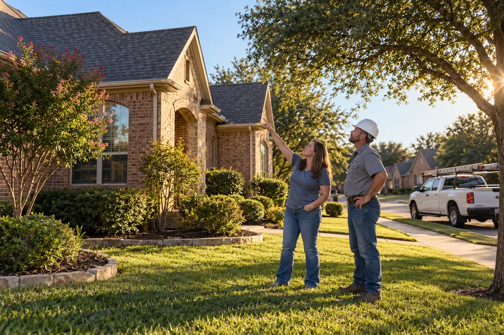 A homeowner points up at the roof while a roofer in a hard hat looks where they point, a pickup with a ladder rack at the curb