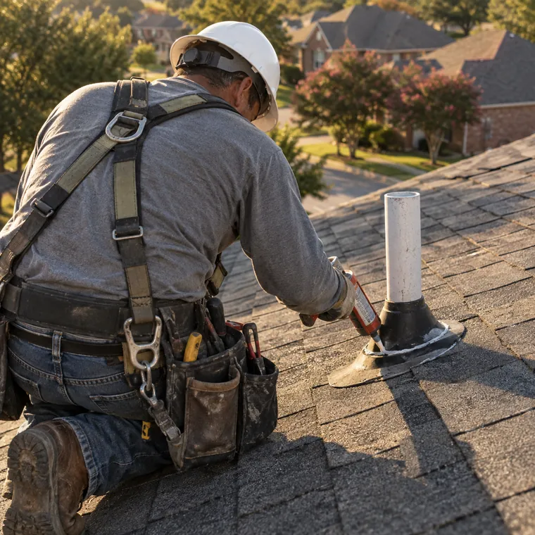 A roofer sealing the flashing around a plumbing vent pipe on a shingle roof