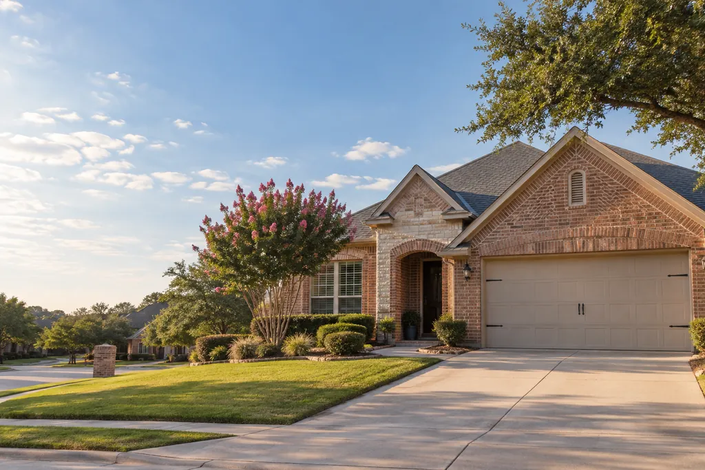A suburban brick home with a two-car garage under a wide sky