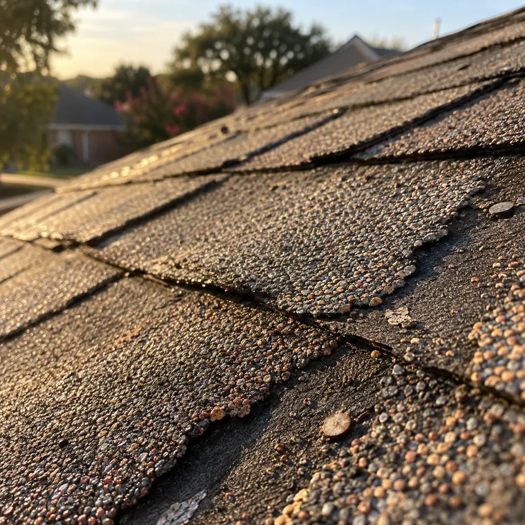 Close-up of aged asphalt shingles with granule loss