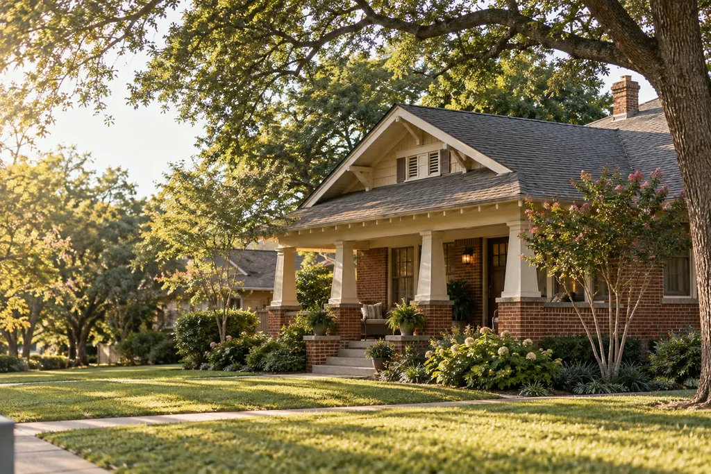 An older craftsman bungalow with a deep porch under large shade trees
