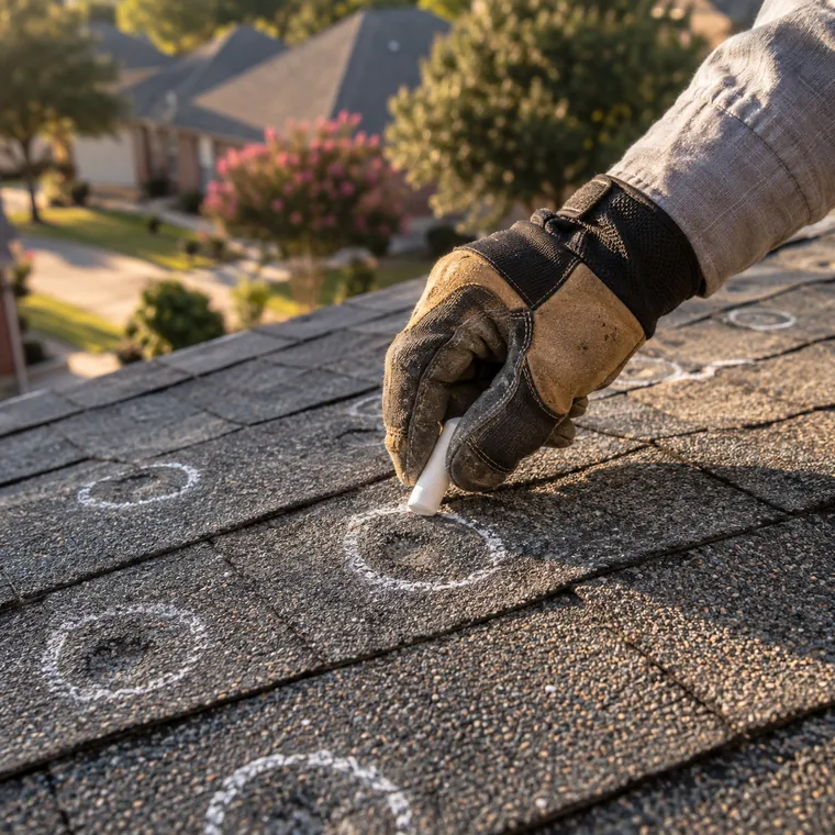 A gloved hand circling hail impacts on shingles with white chalk