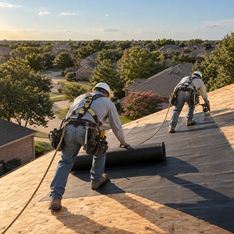 Two roofers in harnesses rolling out underlayment on new roof decking