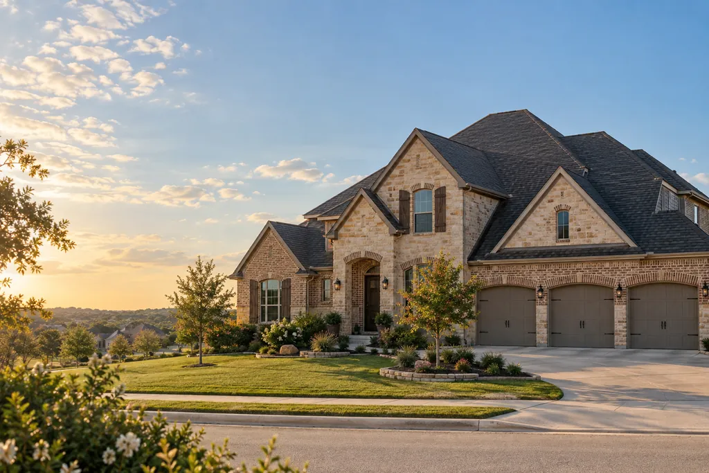 A large stone-and-brick home with a complex shingle roofline and a three-car garage