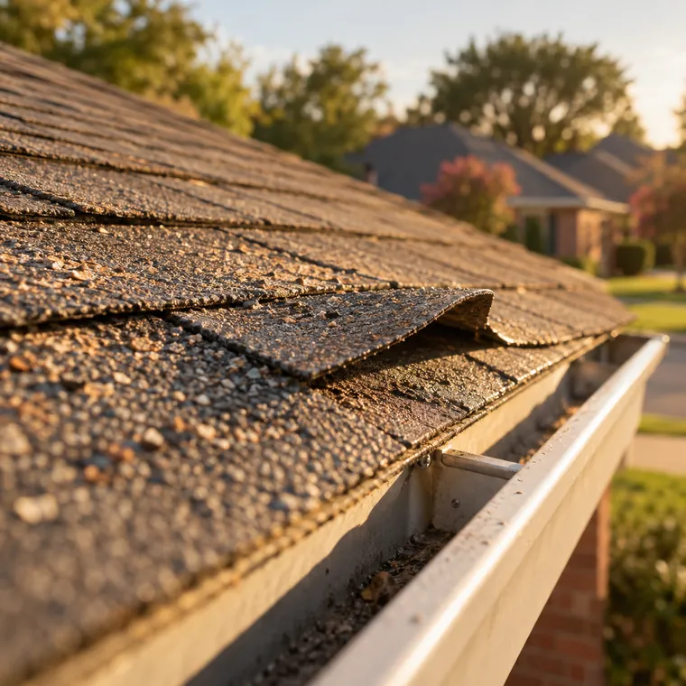Worn asphalt shingles with a lifted edge near a gutter