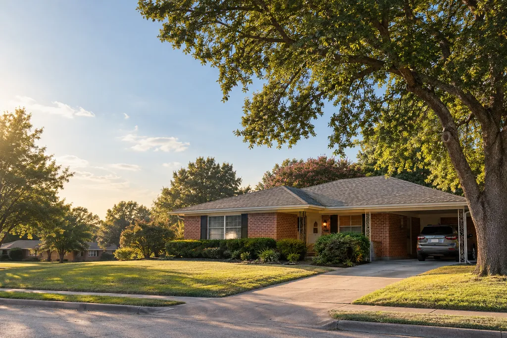 A 1960s single-story brick ranch home with a low-pitch shingle roof and carport