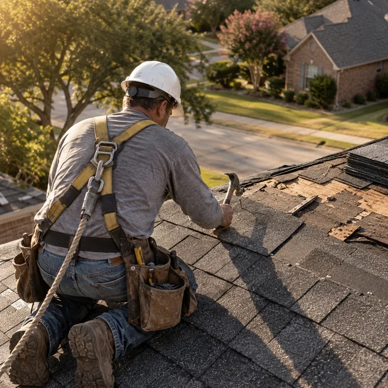 A roofer in a harness replacing a few damaged shingles on a roof