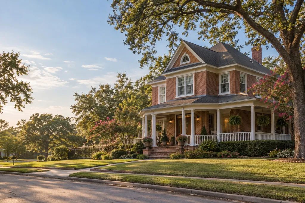 A two-story home with a wraparound porch and a shingle roof under live oaks