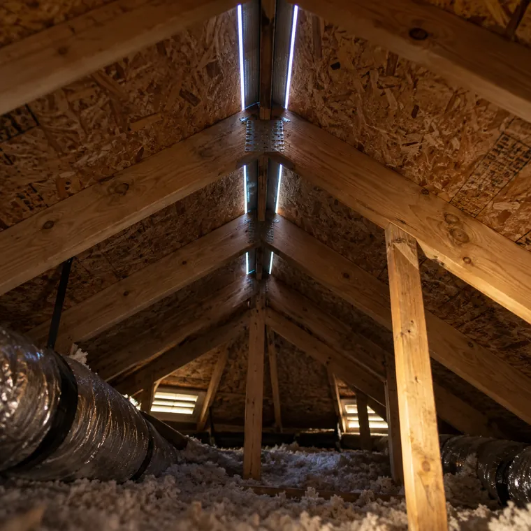 The inside of an attic showing a ridge vent with daylight slivers, rafters and insulation