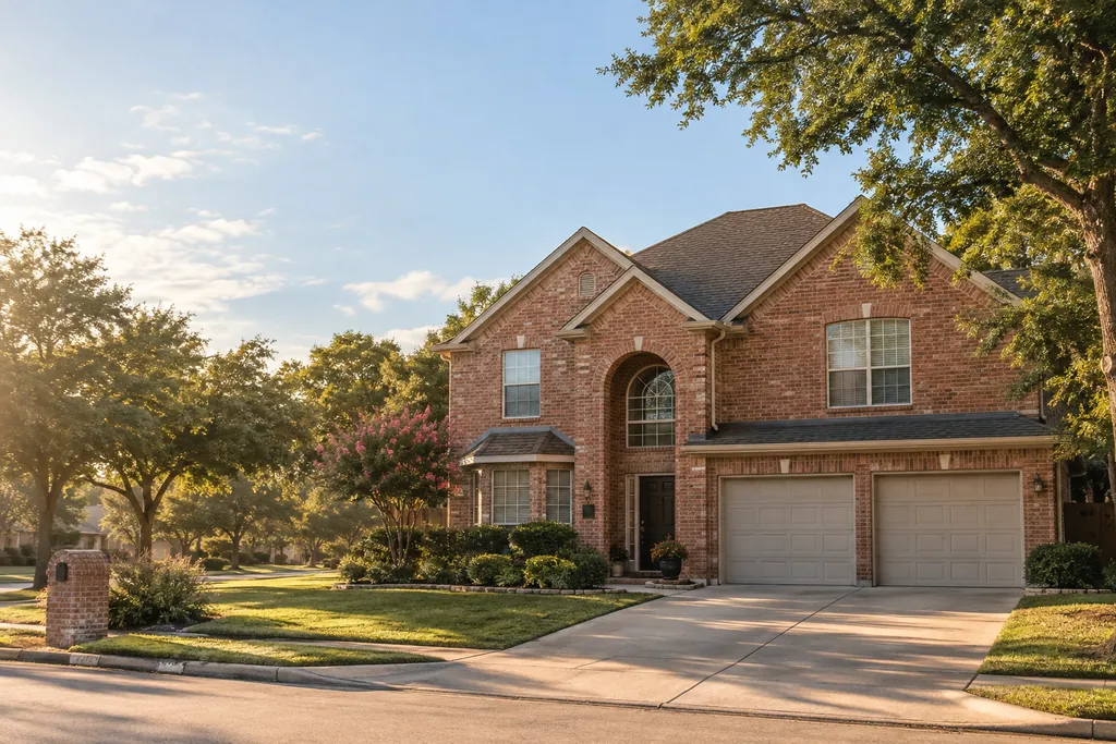 A 1990s two-story brick home with a two-car garage on a tree-lined street