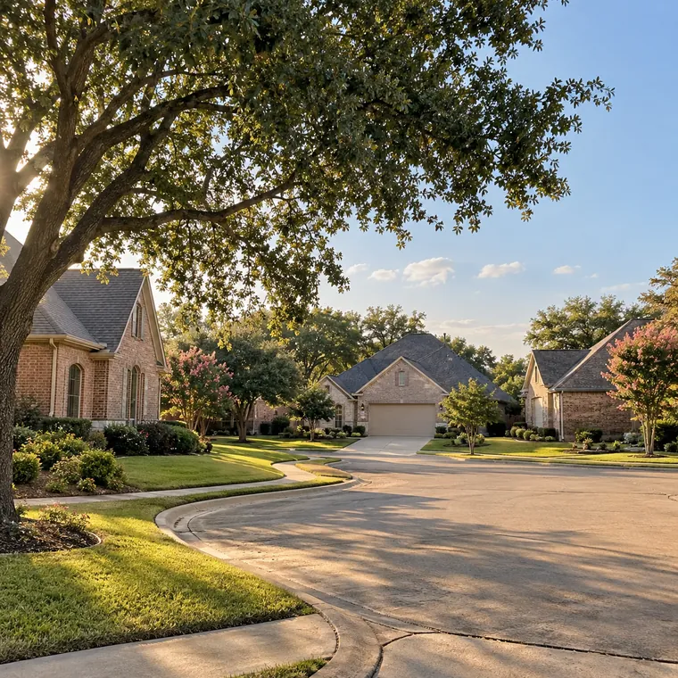 A quiet cul-de-sac of brick homes under live oaks in late afternoon light