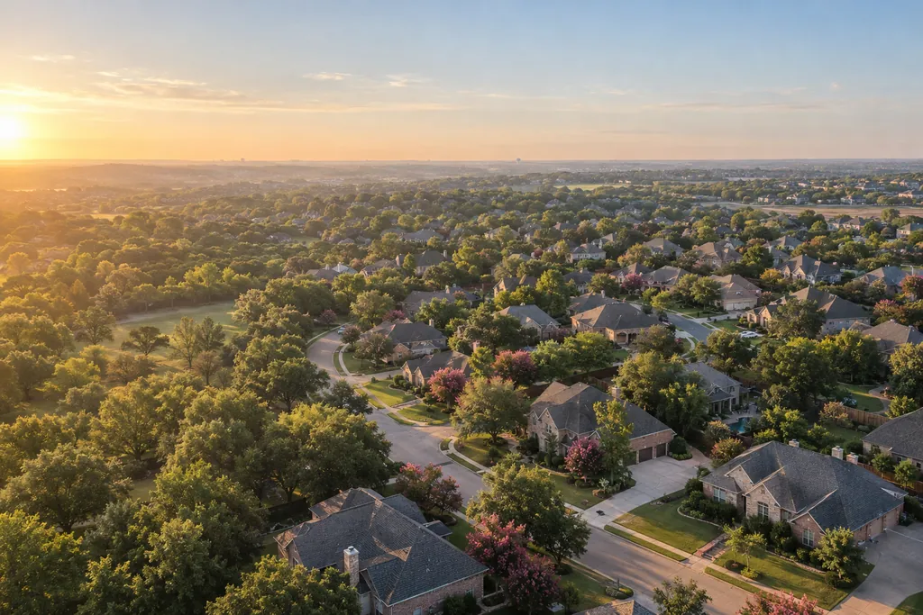 Aerial view of a North Texas suburb of shingle roofs and tree canopy toward a hazy horizon
