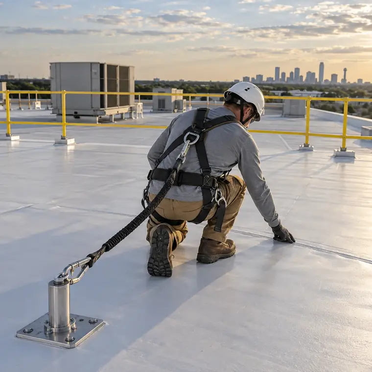 A technician checking a commercial roof membrane seam behind a guardrail