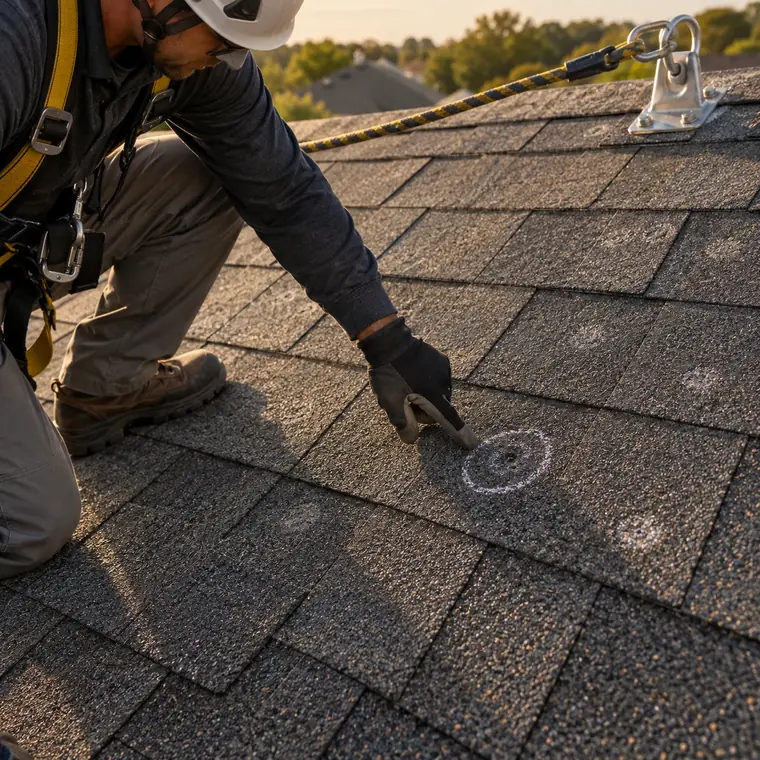 Hail marks on asphalt shingles, an inspector's gloved hand marking a hit